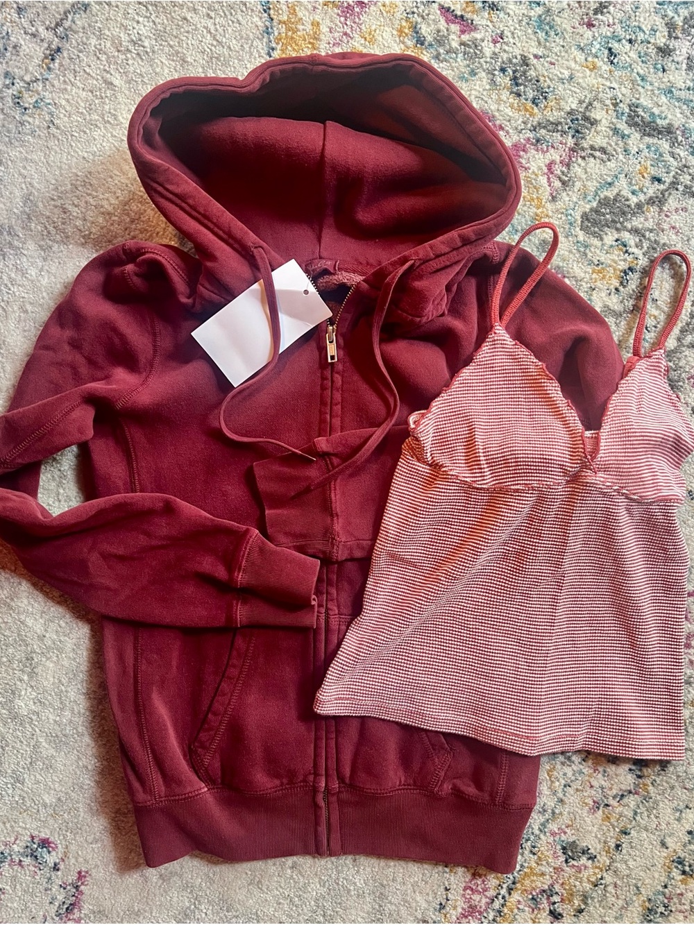 💋🤍Brandy Melville Set- Burgundy Zip up Hoodie and Burgundy/White Striped Cami🤍💋
